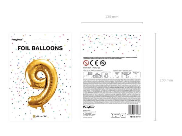 Nummer "9" folieballon i guld, 86 cm