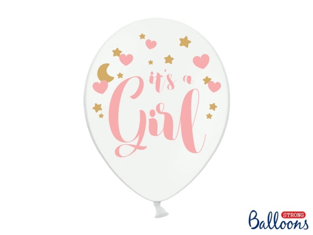 6 "IT'S A GIRL" Latexballonger för Baby Shower i vitt (30 cm)
