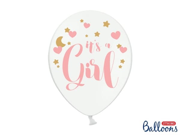 6 "IT'S A GIRL" latexballoner til baby shower i hvid (30 cm)