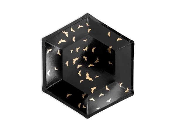 6 Sorte Papirtallerkner med Guld Flagermu (20 cm) - Trick or Treat Collection