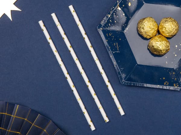 Sett med 10 Hvite Papirsugerør med Gullstjerner - Happy New Year Collection