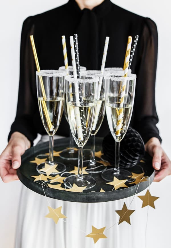 Sett med 10 Hvite Papirsugerør med Gullstjerner - Happy New Year Collection
