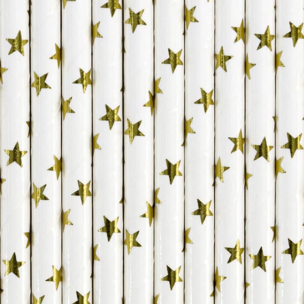 Sett med 10 Hvite Papirsugerør med Gullstjerner - Happy New Year Collection