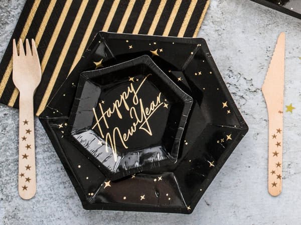 6 Sorte Papirtallerkner med Guldstjerne (20 cm) - New Year's Eve Collection