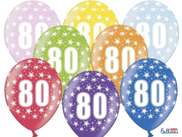 6 "80" latex ballonger i flere farger (30 cm)