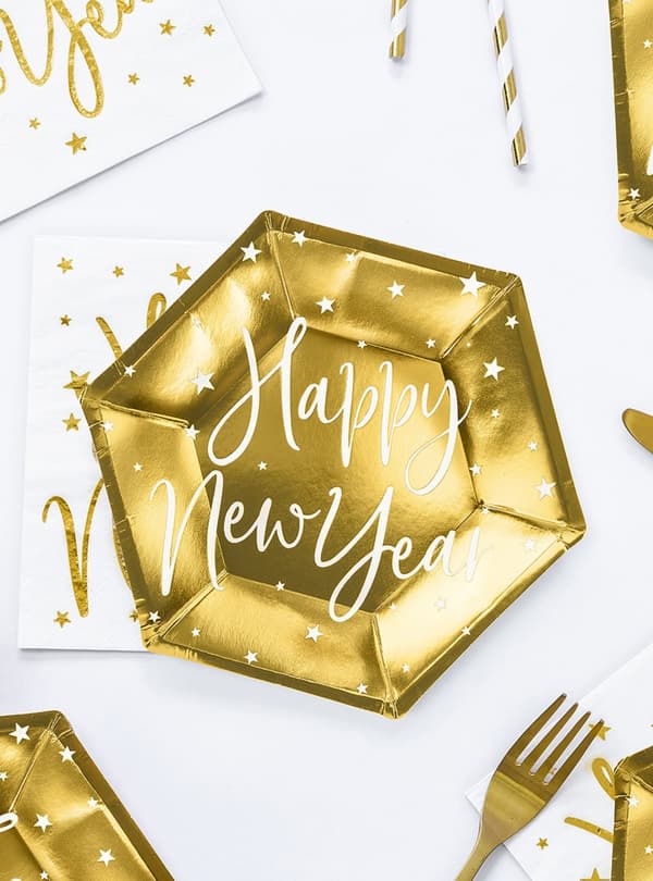 6 tallrikar Nyår Happy New Year guldfärgade (20 cm) - Jolly New Year