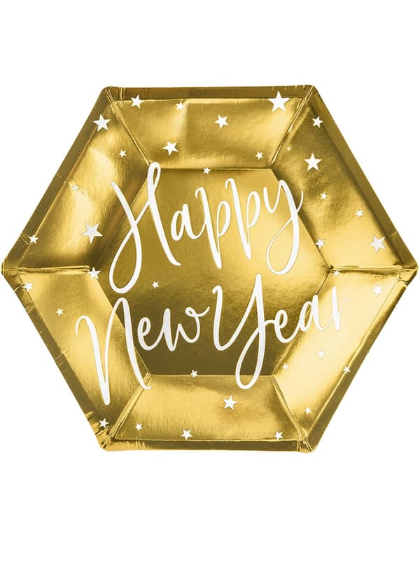 6 tallrikar Nyår Happy New Year guldfärgade (20 cm) - Jolly New Year