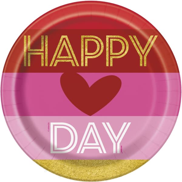 8 tallerkner med hjerter og stribe (23 cm) - Gold Happy Valentines