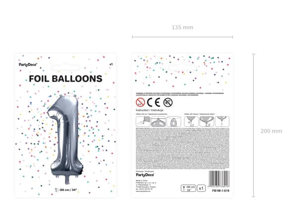 Folieballong nummer  "1" silverfärgad 86 cm