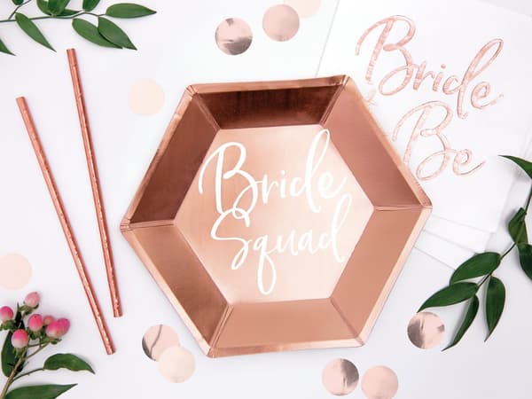 6 papperstallrikar roséguldfärgade "Bride Squad" (23 cm) - Rose Gold Bride To Be