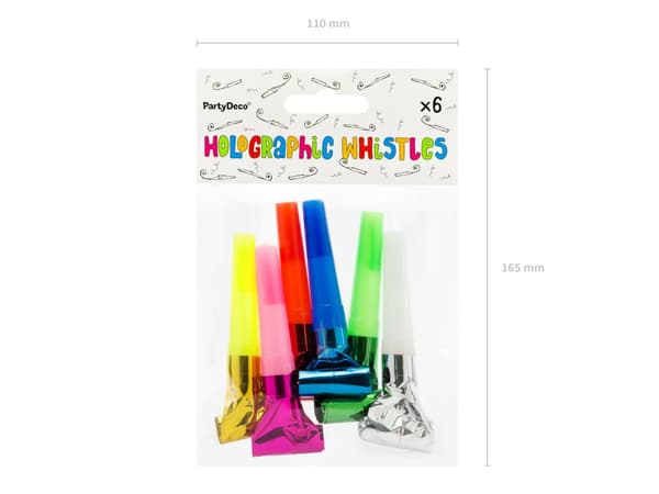 6 holografista juhlapilliä, sekalaiset värit - Colorful & Holographic Birthday