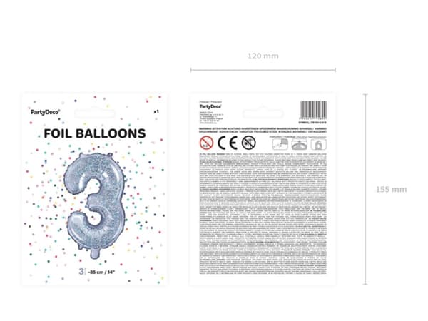 Folieballon "3" sølv med glitter (35 cm)
