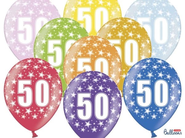 6 "50" latexballoner i flere farver (30 cm)