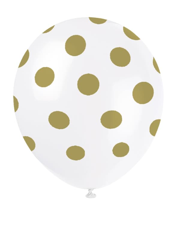 Set 6 ballonger vita med guldiga prickar