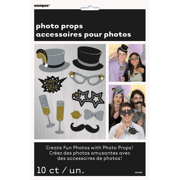 Unique Party New Years Eve Photobooth Props (Pack of 10) Grey/Black/Gold One Size