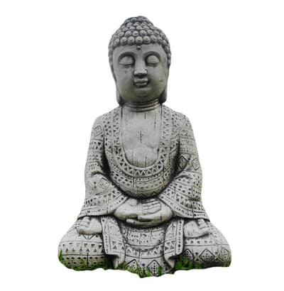 Liten stenstaty av att meditera buddha med prydnadsdräkt för utomhus- och inomhusbruk