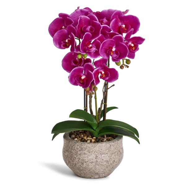 Kunstig Realistisk Purple Orchid Phalaenopsis i Cement Blomsterpotte med småsten, H: 42 cm