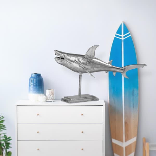 Womo Design Shark Sculpture Stand 106x36x61cm ainutlaatuinen, kiillotettu alumiini nikkeliä viimeistely, hopea kiiltävä, merenkulku, hainpatsas