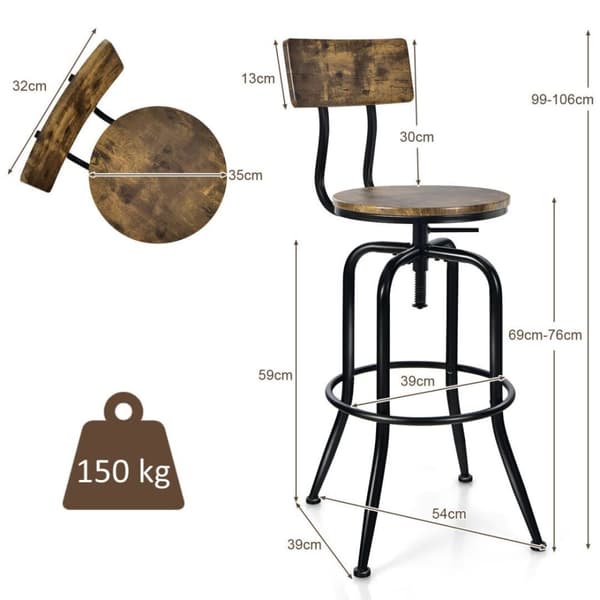 Køkken Spisestole, Sæt af 2 Justerbare Drejestole med Ergonomisk Ryglæn, 54x54x98.5 - 105.5 cm, Kaffe