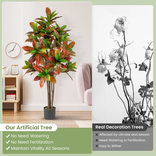 Konstgjord växt, 5 FT Lång Konstgjord Croton Växt med Gradientblad och Kruka-1 Pack, 7x6 in, Grön+Röd+Gul+Brun