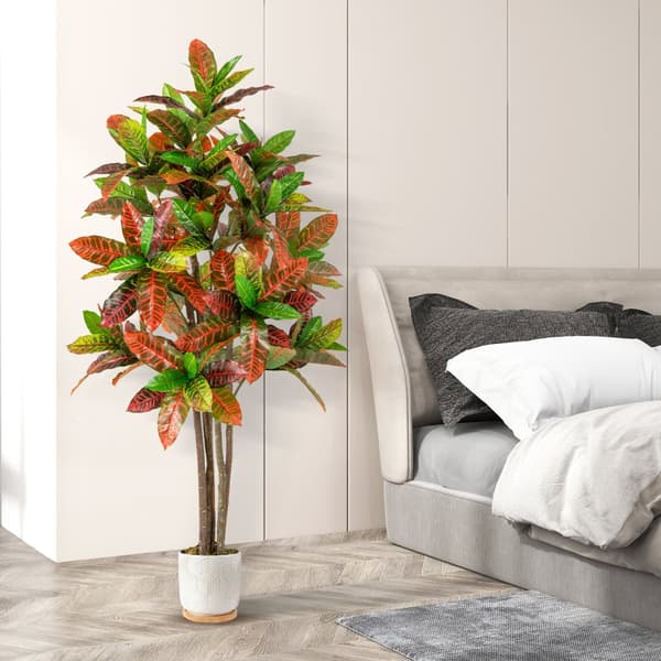 Konstgjord växt, 5 FT Lång Konstgjord Croton Växt med Gradientblad och Kruka-1 Pack, 7x6 in, Grön+Röd+Gul+Brun