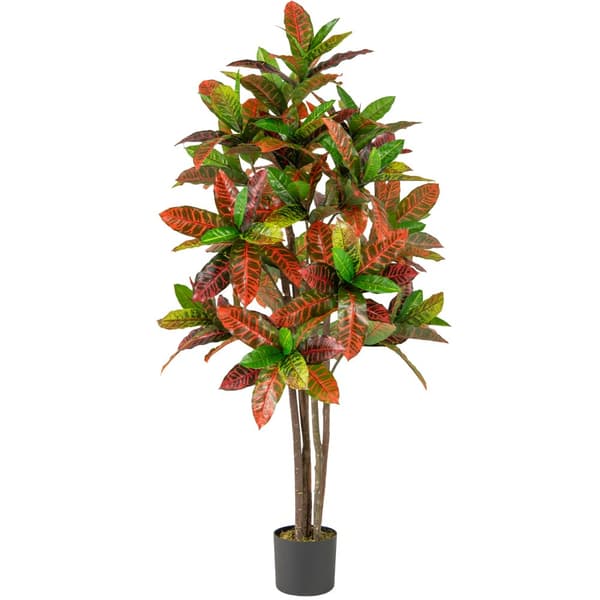 Konstgjord växt, 5 FT Lång Konstgjord Croton Växt med Gradientblad och Kruka-1 Pack, 7x6 in, Grön+Röd+Gul+Brun