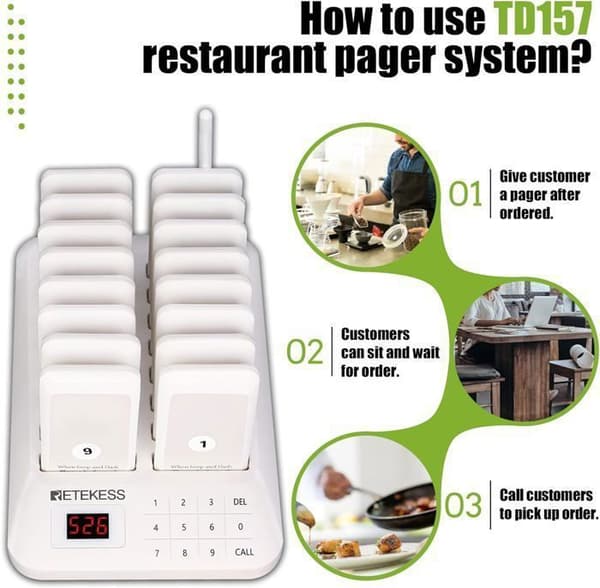 Retekess TD157 Pager Trådlöst System, 500M Bipper, 20H Arbete, 16 Bipeurs, Trådlöst Kallasystem, Ringklockor för Hotell, Skola