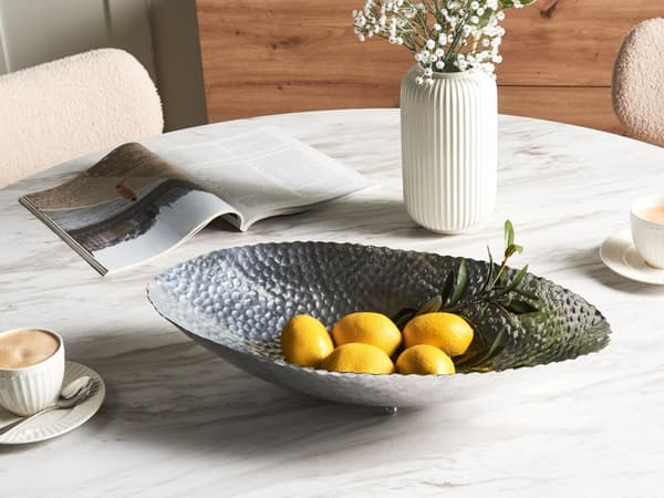 Dekorativt Bladfat i Sølvmetall 78 cm Oval Plate Moderne Stue Glamour Dekorasjonsstykke