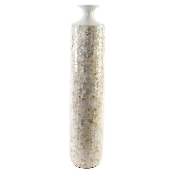 Vase DKD Home Decor Mosaik Beige Hvid Perlemor Bambus (18 x 18 x 81 cm)