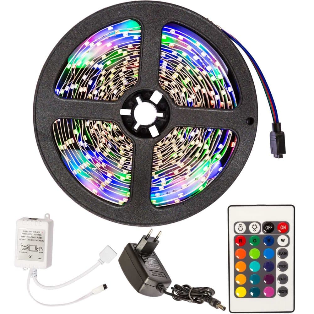 RGB LED bånd 5 m. med fjernbetjening - hvid