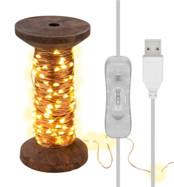 Goobay LED-lys "Garnspole", stor med 3 m USB-kabel, 15 m lyskæde med 150 mikro-LED'er i varm hvid (2700 K) og kontakt (tænd/sluk) Brun, Transparent