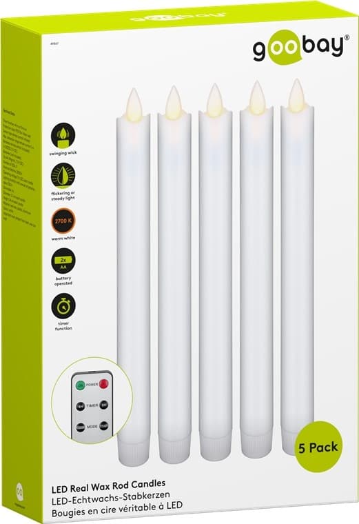 Goobay Set med 5 vita LED riktiga vax stav ljus, inkl. fjärrkontroll Vacker och säker belysningslösning för många områden som hus och loggia, kontor e