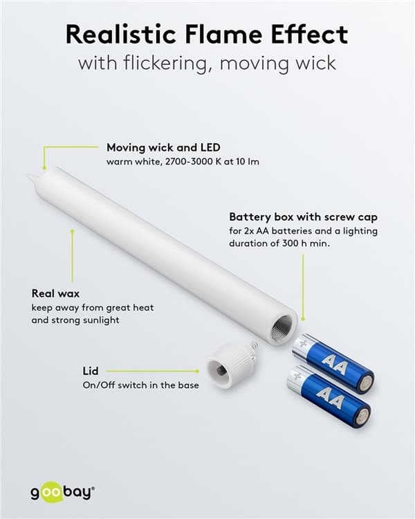 Goobay Set med 5 vita LED riktiga vax stav ljus, inkl. fjärrkontroll Vacker och säker belysningslösning för många områden som hus och loggia, kontor e