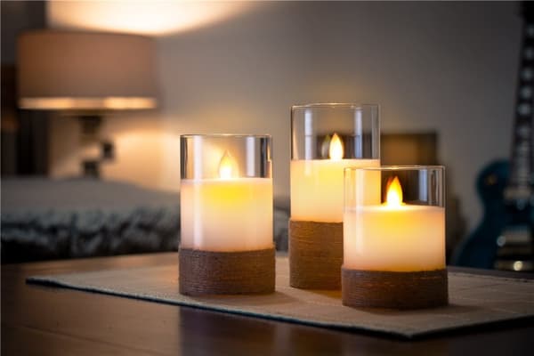 Goobay 3-pakning LED-lys av ekte voks i glass, hvit, innpakket med hamp, inkl. 8x AA (LR6) med timerfunksjon og pendelveke, batteridrevet, varmhvit (2