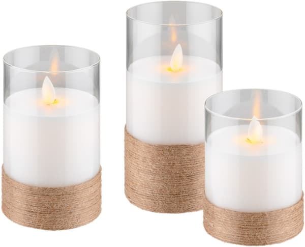Goobay 3-pakning LED-lys av ekte voks i glass, hvit, innpakket med hamp, inkl. 8x AA (LR6) med timerfunksjon og pendelveke, batteridrevet, varmhvit (2