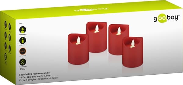 Goobay 4-pakning LED-lys av ekte voks, rød, inkl. 12x AAA (LR03) med timerfunksjon og pendelveke, batteridrevet, varmhvit (2700 K)