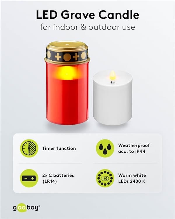 Goobay LED gravlys med timer, rød varmhvit (2400 K), batteridrevet (2x C/LR14), for innendørs og utendørs bruk (IP44)
