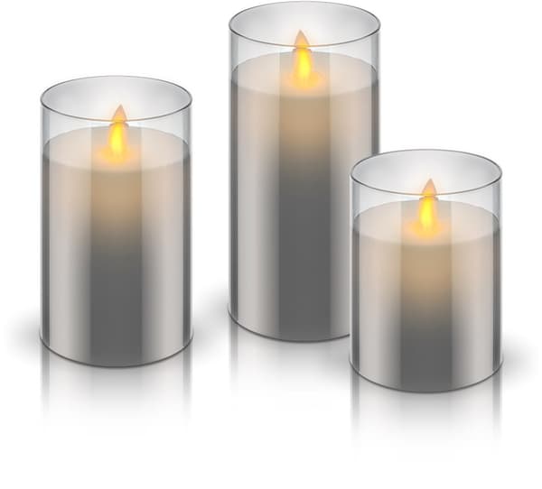 Goobay 3-pakning LED-lys av ekte voks i glass, grå-transparent, inkl. 10x AAA (LR03) med timerfunksjon og pendelveke, batteridrevet, varmhvit (2700 K)