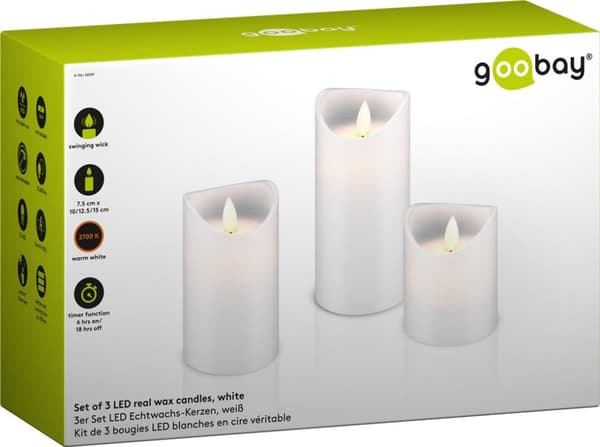 Goobay 3-pakning LED-lys av ekte voks, hvit, inkl. 10 x AAA (LR03) med timerfunksjon og pendelveke, batteridrevet, varmhvit (2700 K)