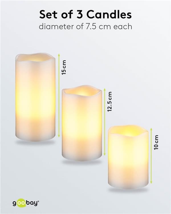 Goobay 3-pakning LED-lys av ekte voks, hvit, inkl. 10x AAA (LR03) med timerfunksjon og fjernkontroll, dimbar, batteridrevet, varmhvit (2700 K)