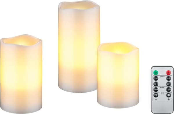 Goobay 3-pakning LED-lys av ekte voks, hvit, inkl. 10x AAA (LR03) med timerfunksjon og fjernkontroll, dimbar, batteridrevet, varmhvit (2700 K)