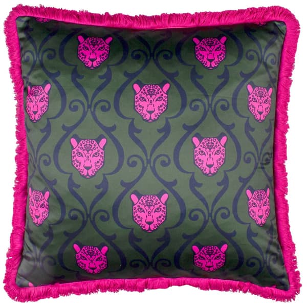 Paoletti Lupita Fringed Cheetah Cushion Cover Emerald/Pink 50cm x 50cm