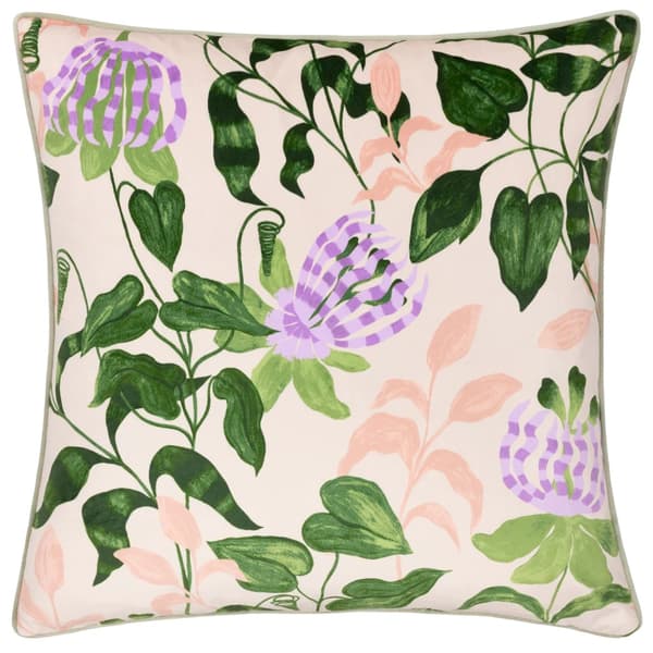 Wylder Piped Velvet Passion Flower Cushion Cover Peach/Vine Green 50cm x 50cm