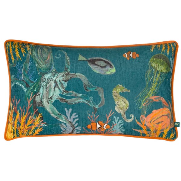 Wylder Tropics Abyss Chenille Sea Creatures Cushion Cover Ocean Blue 50cm x 30cm