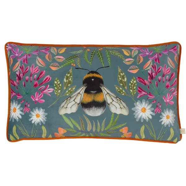 Wylder Nature House of Bloom Zinnia Bee Piped Rectangular Cushion Cover Steel Blue 50cm x 30cm
