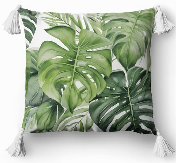 Dekorativ pude 45x45 blomsterprint monstera boho grøn