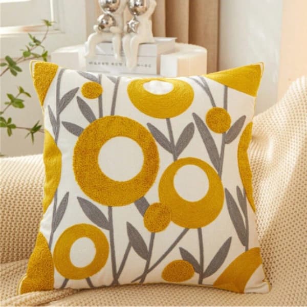 OBOSOE Lantlig broderad kuddfodral 45×45cm – Gul bomullscanvas soffkudde med frottébroderi