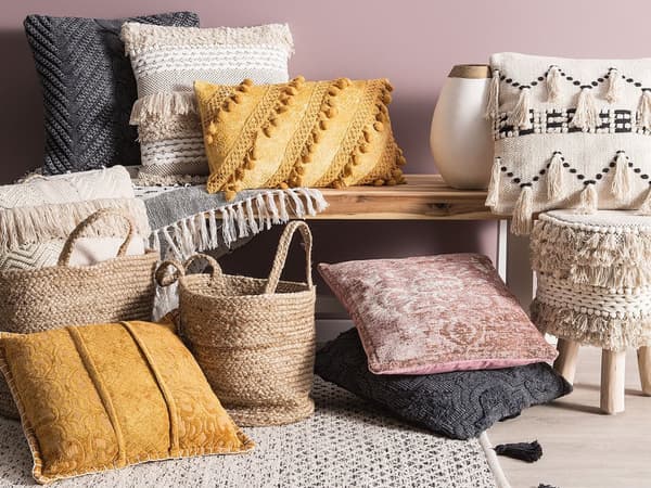 Pyntepude Gul Viskose og Bomuld 45 x 45 cm Lille Firkantet Tekstureret Mønster Blomster Sofapude med Kant Retro Stue Boho til Sengen Design