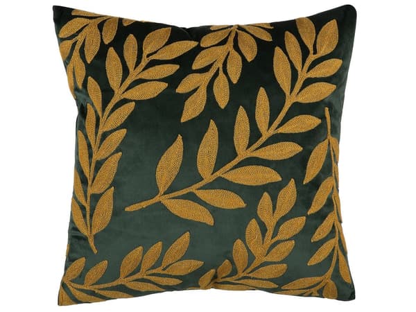 Koristetyyny tummanvihreä/kulta sametti kirjailtu lehtikuvio 45 x 45 cm 2 kpl setti retro tyyli