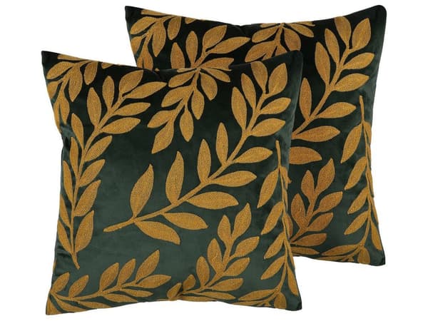 Koristetyyny tummanvihreä/kulta sametti kirjailtu lehtikuvio 45 x 45 cm 2 kpl setti retro tyyli